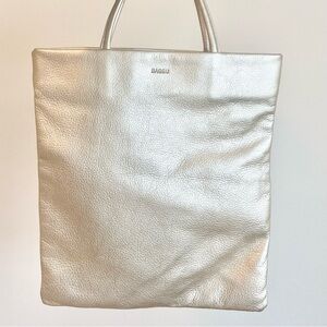 Leather Baggu in platinum color - small lined handbag with minor scuffs